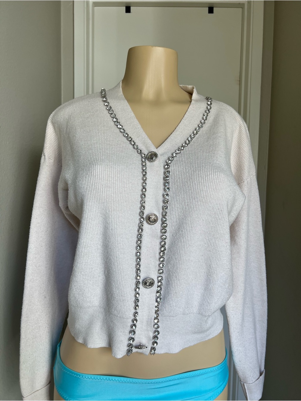 Cream V-Neck Embellished Button Cardigan
